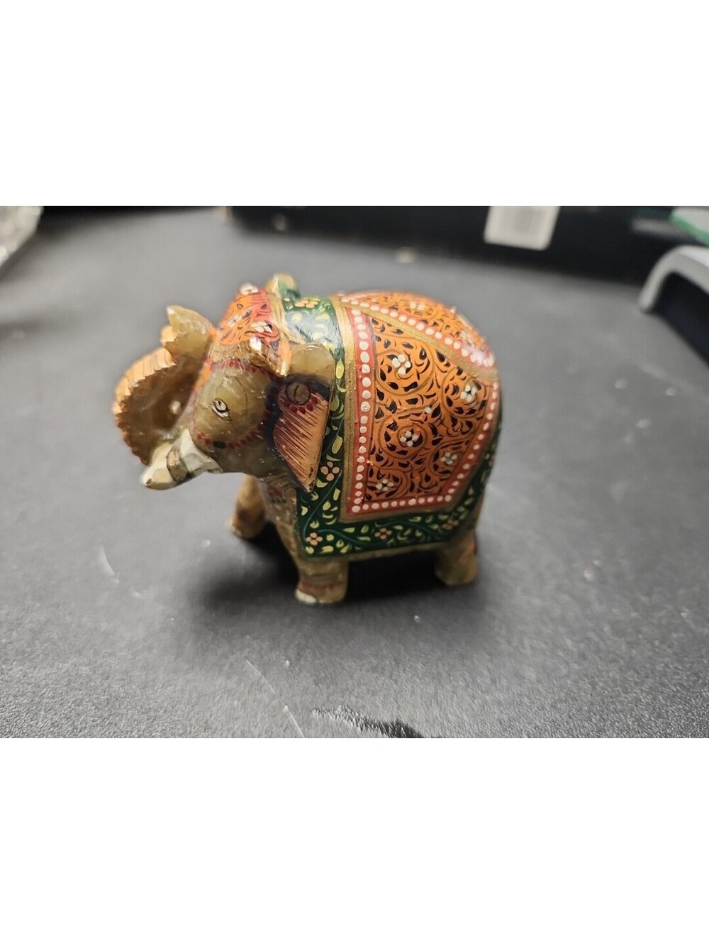 Vtg Hand Carved Painted Marble Stone Elephant Figurine Trunk Up Statue Boho!.